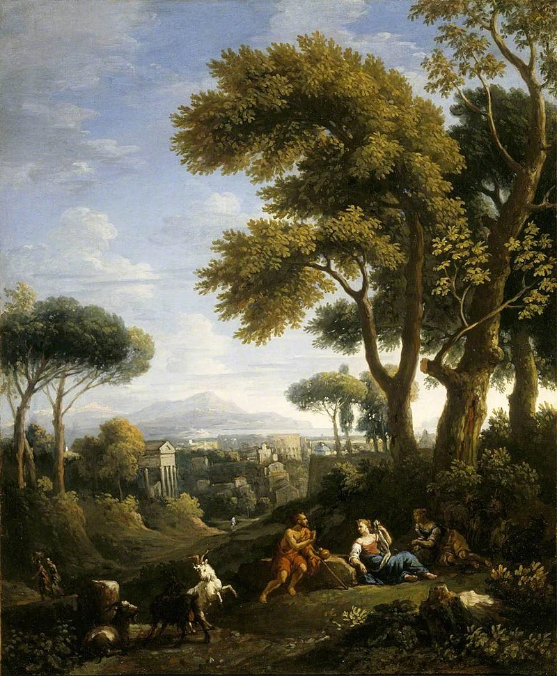 Un paesaggio classico con un viaggiatore e due donne che conversano e tre capre che giocano - National Trust